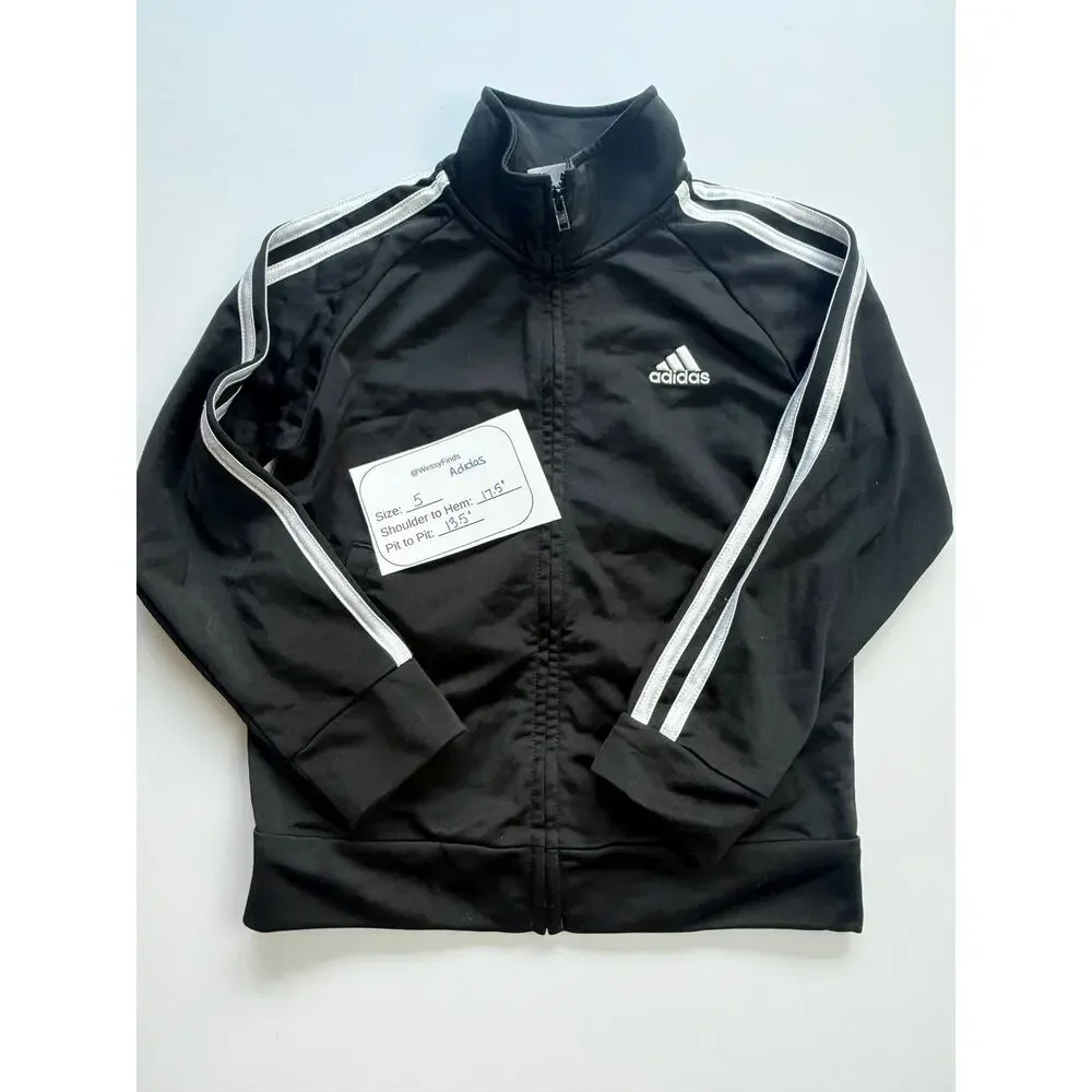 Adidas Boys Black Track Jacket Size 5 3-Stripe Full Zip